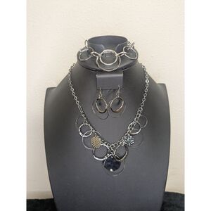 Interconnected Circle Jewelry Necklace Earring Bracelet Set Gunmetal Gray Finish